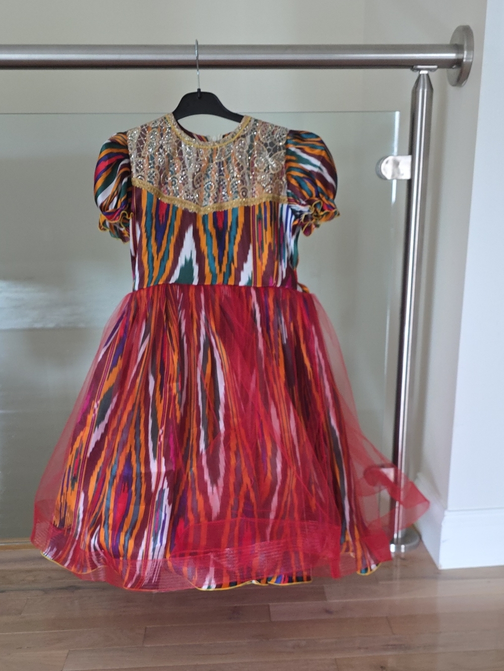Girls Multicolor Patterned Party  Dress with Red Tulle Overlay